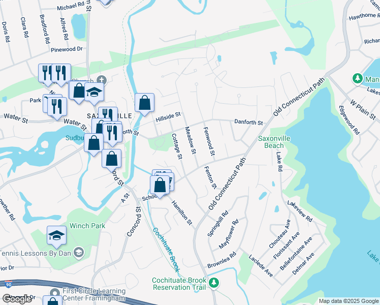 map of restaurants, bars, coffee shops, grocery stores, and more near 24 Meadow Street in Framingham