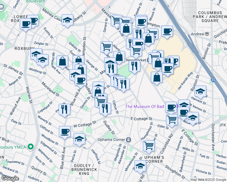 map of restaurants, bars, coffee shops, grocery stores, and more near 76 Shirley Street in Roxbury