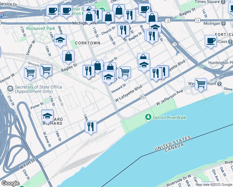 map of restaurants, bars, coffee shops, grocery stores, and more near 1801 Howard St in Detroit