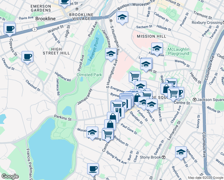 map of restaurants, bars, coffee shops, grocery stores, and more near 264 South Huntington Avenue in Boston