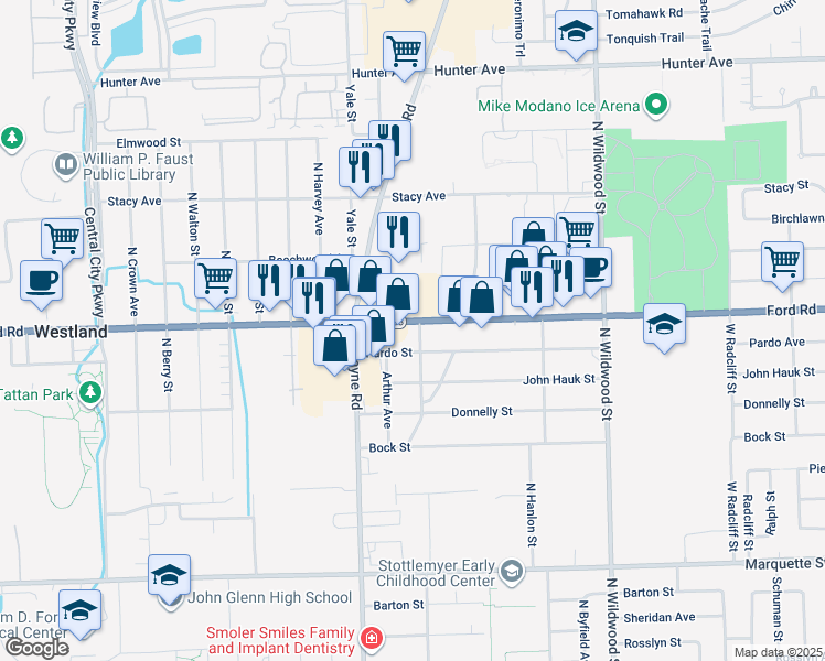 map of restaurants, bars, coffee shops, grocery stores, and more near 35156 Pardo Street in Westland