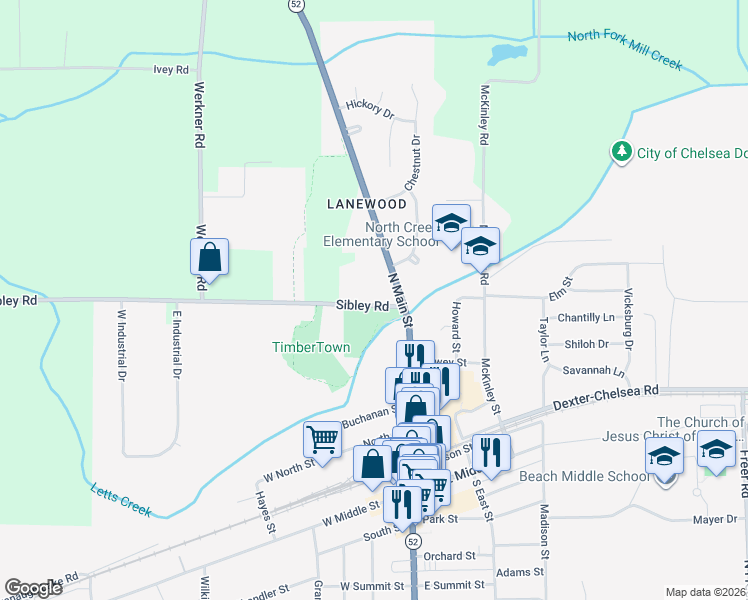 map of restaurants, bars, coffee shops, grocery stores, and more near 5825 Sibley Road in Chelsea