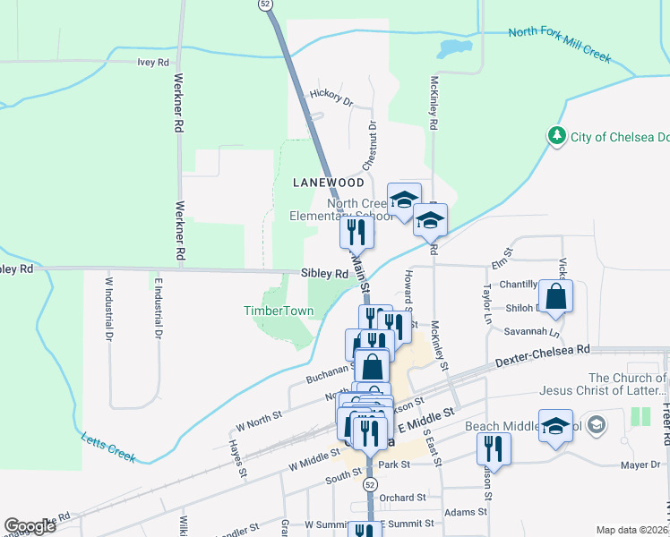 map of restaurants, bars, coffee shops, grocery stores, and more near 5825 Sibley Road in Chelsea