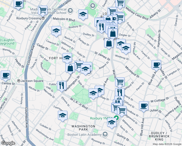 map of restaurants, bars, coffee shops, grocery stores, and more near 66 Circuit Street in Boston