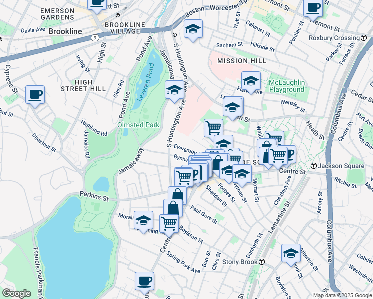 map of restaurants, bars, coffee shops, grocery stores, and more near 28 Evergreen Street in Boston