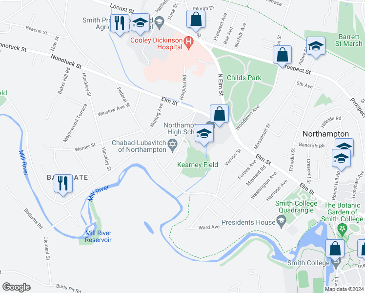 map of restaurants, bars, coffee shops, grocery stores, and more near 68 Milton Street in Northampton
