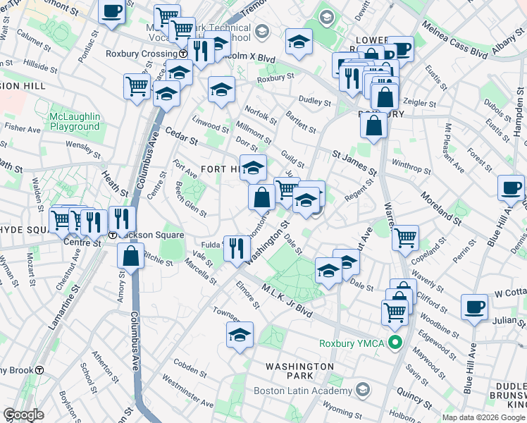 map of restaurants, bars, coffee shops, grocery stores, and more near 91 Thornton Street in Boston