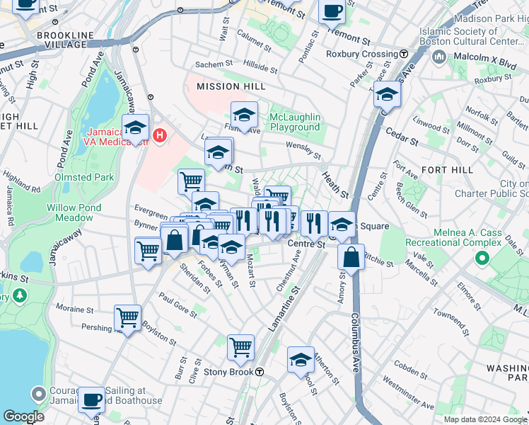 map of restaurants, bars, coffee shops, grocery stores, and more near 10 Plant Court in Boston