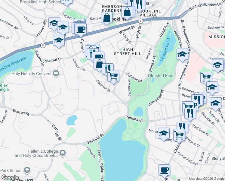 map of restaurants, bars, coffee shops, grocery stores, and more near 186 Chestnut Street in Brookline
