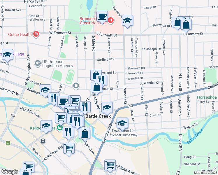 map of restaurants, bars, coffee shops, grocery stores, and more near 110 Calhoun Street in Battle Creek
