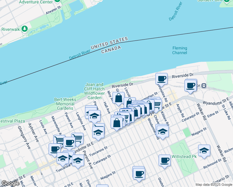 map of restaurants, bars, coffee shops, grocery stores, and more near 269 Gladstone Avenue in Windsor
