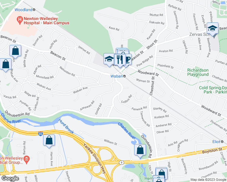 map of restaurants, bars, coffee shops, grocery stores, and more near 26 Annawan Road in Newton