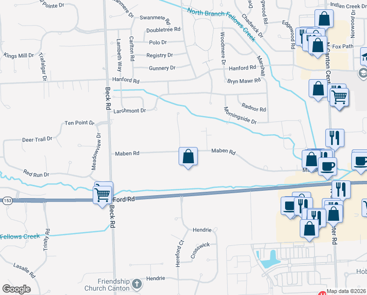 map of restaurants, bars, coffee shops, grocery stores, and more near 46730 Maben Road in Canton