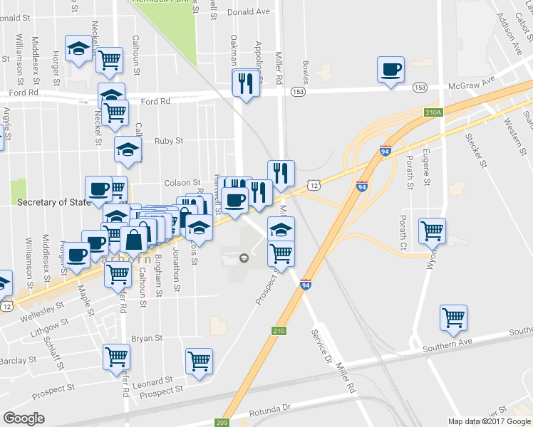 map of restaurants, bars, coffee shops, grocery stores, and more near 4868 Oakman Boulevard in Dearborn