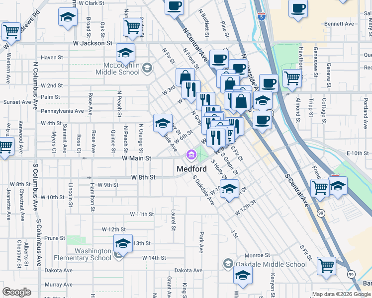 map of restaurants, bars, coffee shops, grocery stores, and more near 406 West Main Street in Medford
