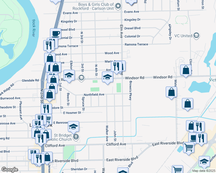 map of restaurants, bars, coffee shops, grocery stores, and more near 935 Windsor Road in Loves Park