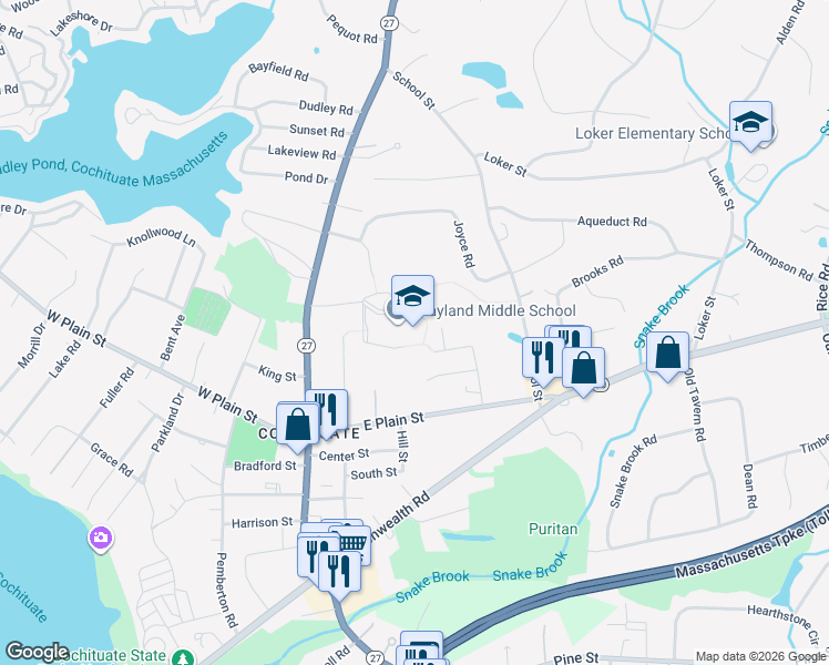 map of restaurants, bars, coffee shops, grocery stores, and more near 201 Main Street in Wayland