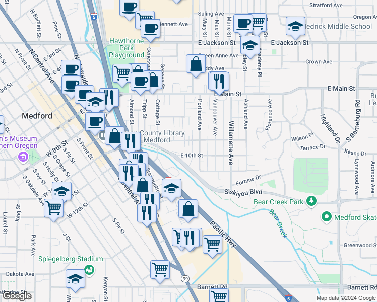map of restaurants, bars, coffee shops, grocery stores, and more near 224 Portland Avenue in Medford
