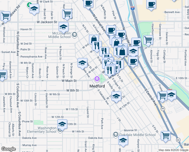 map of restaurants, bars, coffee shops, grocery stores, and more near 406 West Main Street in Medford