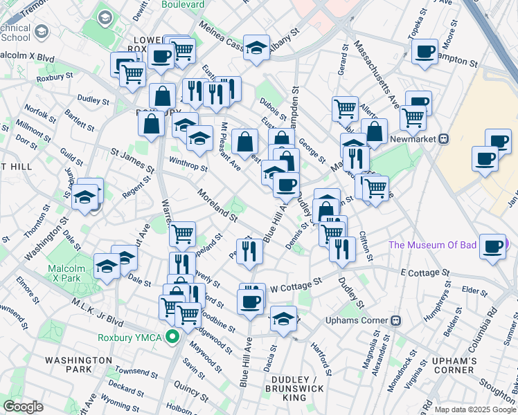 map of restaurants, bars, coffee shops, grocery stores, and more near 103 Winthrop Street in Boston