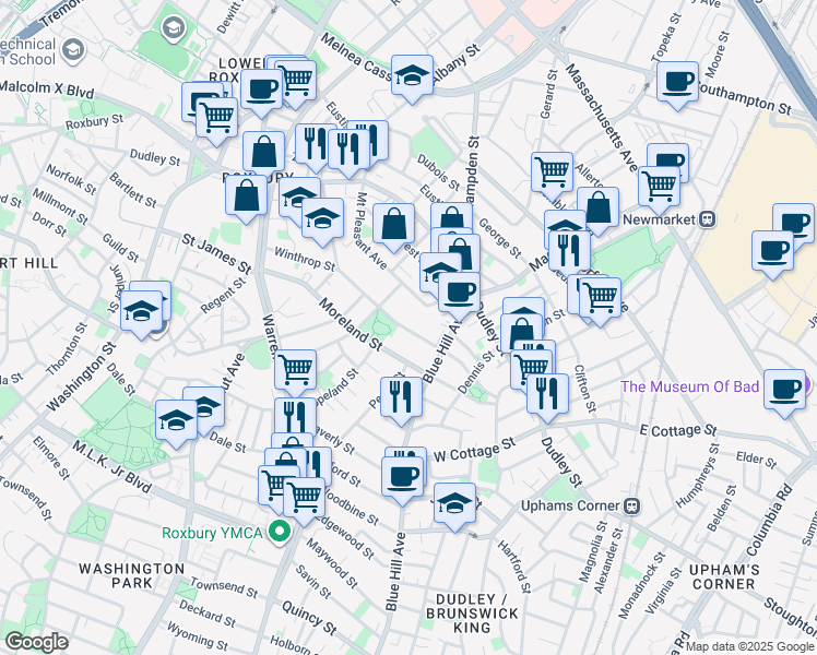 map of restaurants, bars, coffee shops, grocery stores, and more near 103 Winthrop Street in Boston