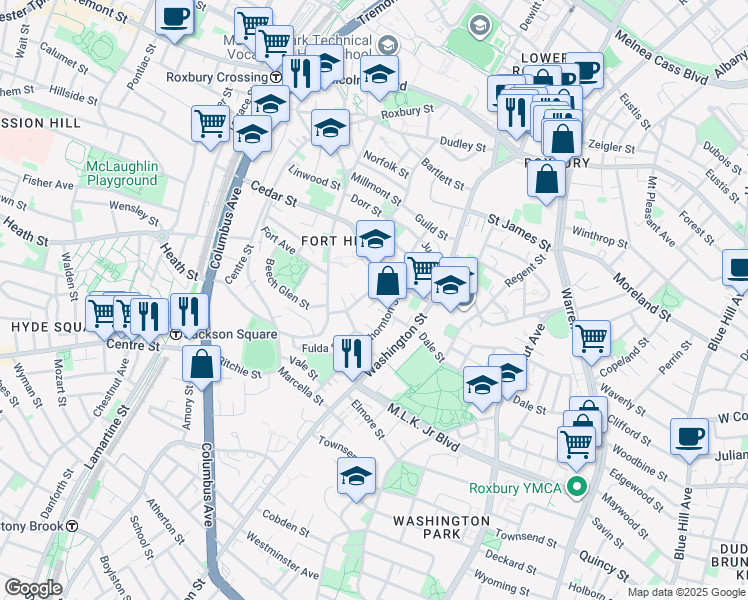 map of restaurants, bars, coffee shops, grocery stores, and more near 91 Thornton Street in Boston