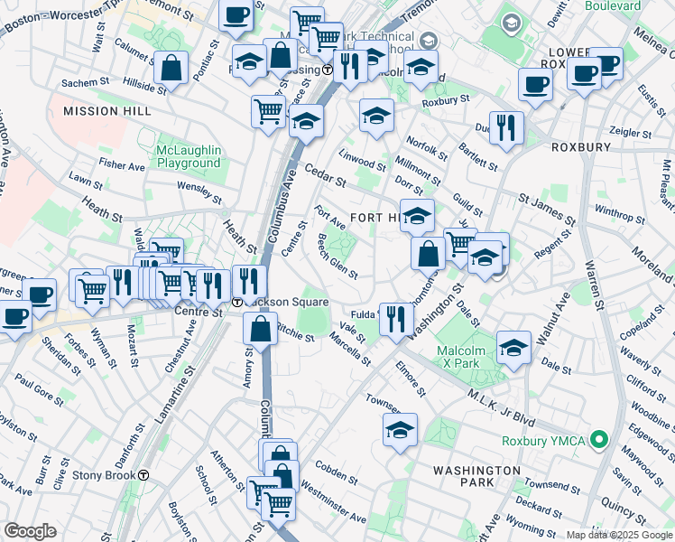 map of restaurants, bars, coffee shops, grocery stores, and more near 91 Marcella Street in Boston
