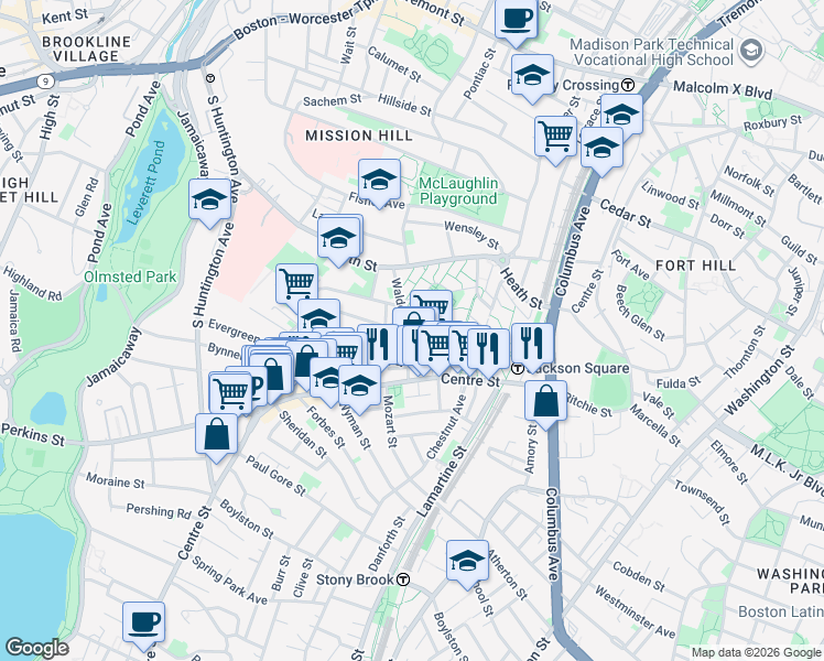 map of restaurants, bars, coffee shops, grocery stores, and more near 17 Round Hill Street in Boston
