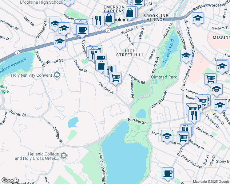map of restaurants, bars, coffee shops, grocery stores, and more near 186 Chestnut Street in Brookline