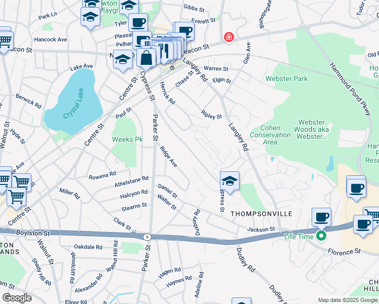 map of restaurants, bars, coffee shops, grocery stores, and more near 169 Cypress Street in Newton