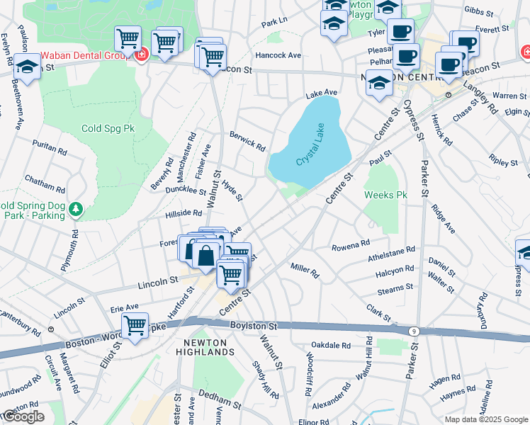 map of restaurants, bars, coffee shops, grocery stores, and more near 264 Lake Avenue in Newton