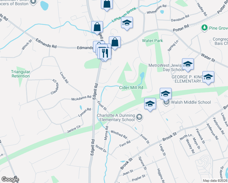 map of restaurants, bars, coffee shops, grocery stores, and more near 12 Lomas Drive in Framingham