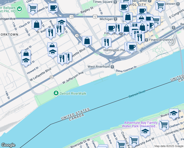 map of restaurants, bars, coffee shops, grocery stores, and more near 200 Riverfront Drive in Detroit
