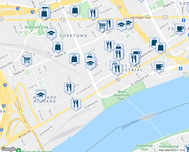 map of restaurants, bars, coffee shops, grocery stores, and more near 1801 Howard Street in Detroit