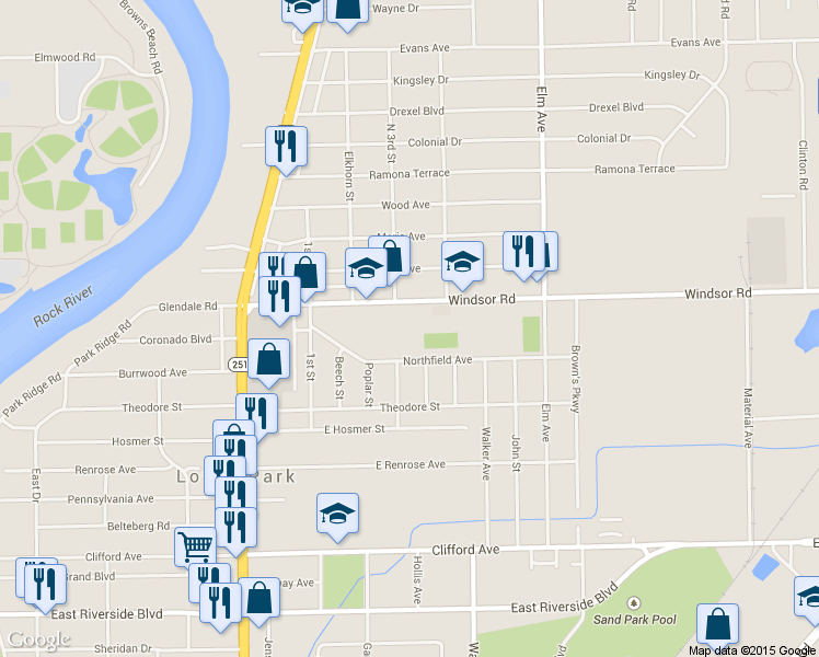 map of restaurants, bars, coffee shops, grocery stores, and more near 735 Windsor Road in Loves Park