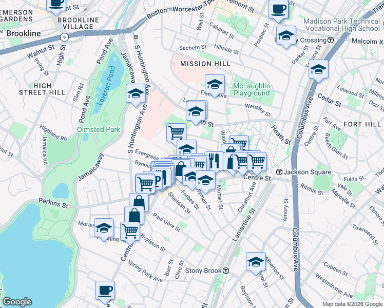 map of restaurants, bars, coffee shops, grocery stores, and more near 47A Creighton Street in Boston