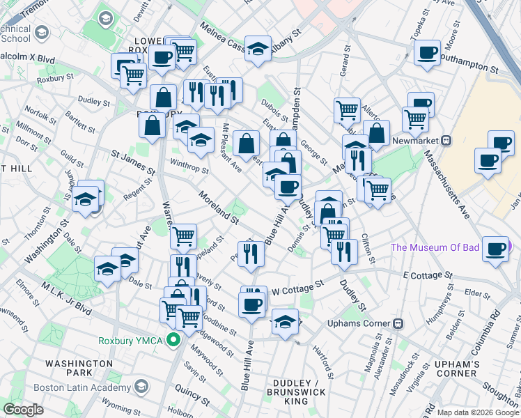 map of restaurants, bars, coffee shops, grocery stores, and more near 103 Winthrop Street in Boston