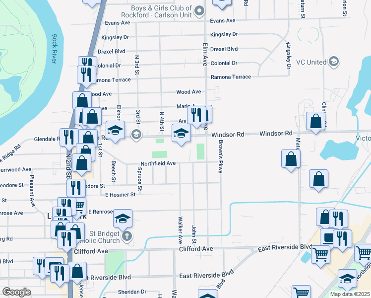 map of restaurants, bars, coffee shops, grocery stores, and more near 935 Windsor Road in Loves Park