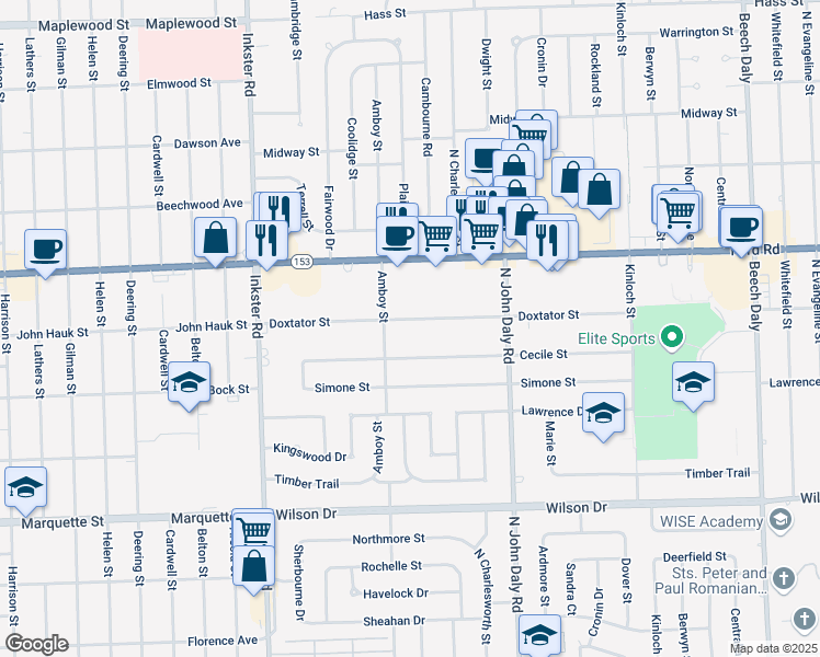 map of restaurants, bars, coffee shops, grocery stores, and more near 26905 Doxtator Street in Dearborn Heights