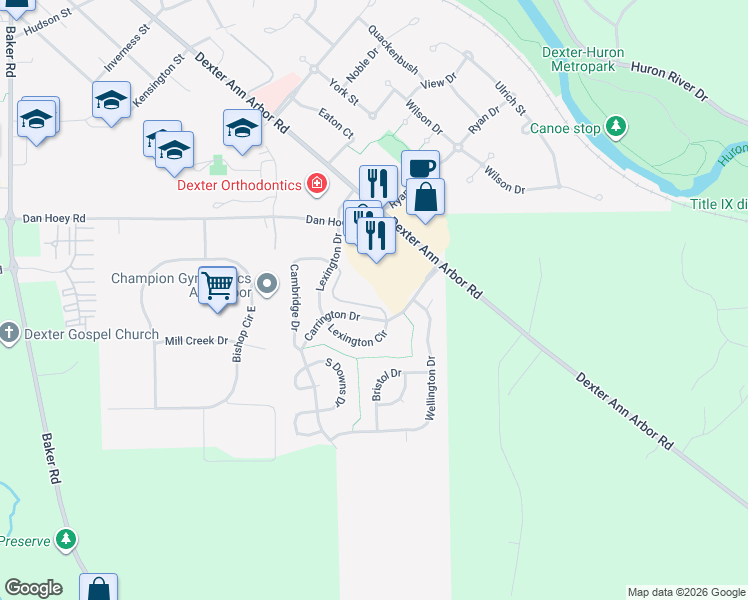 map of restaurants, bars, coffee shops, grocery stores, and more near 311 Victoria Drive in Dexter