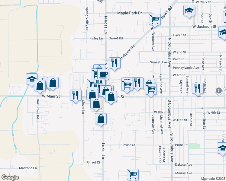 map of restaurants, bars, coffee shops, grocery stores, and more near 2240 West Main Street in Medford