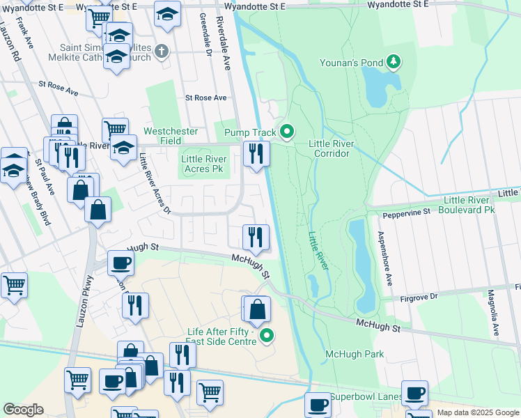 map of restaurants, bars, coffee shops, grocery stores, and more near 1287 Aire Place in Windsor