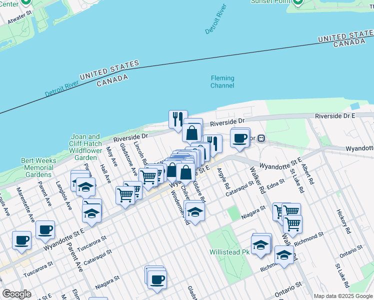 map of restaurants, bars, coffee shops, grocery stores, and more near 1880 Assumption Street in Windsor