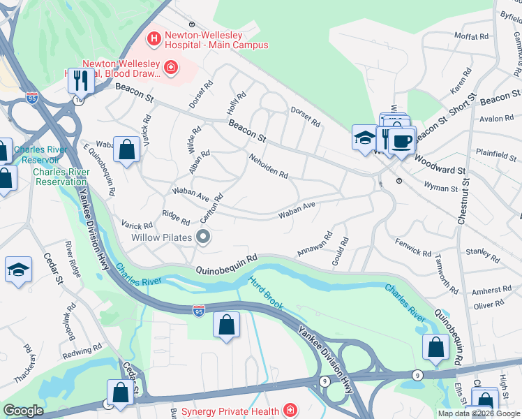 map of restaurants, bars, coffee shops, grocery stores, and more near 191 Waban Avenue in Newton