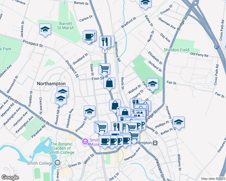 map of restaurants, bars, coffee shops, grocery stores, and more near 9 Summer Street in Northampton