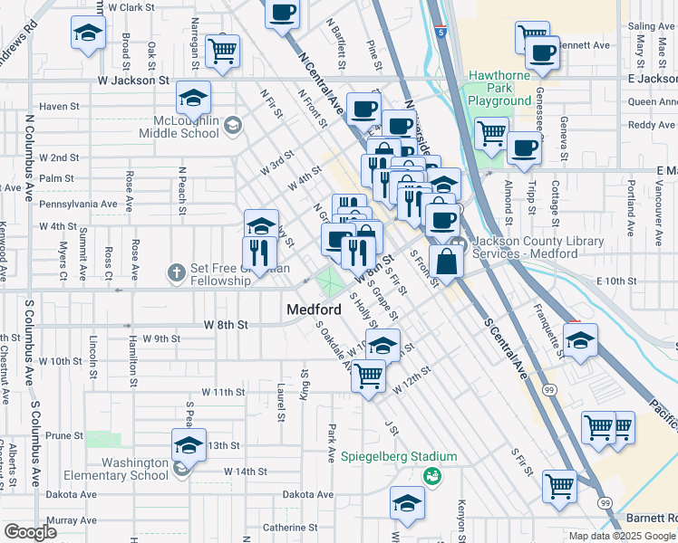 map of restaurants, bars, coffee shops, grocery stores, and more near 45 South Holly Street in Medford