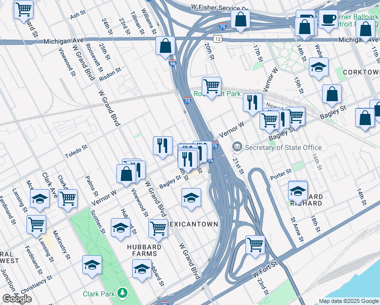 map of restaurants, bars, coffee shops, grocery stores, and more near West Vernor Highway & 23rd Street in Detroit