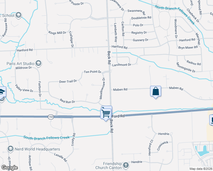 map of restaurants, bars, coffee shops, grocery stores, and more near 6064 Meadowview Drive in Canton