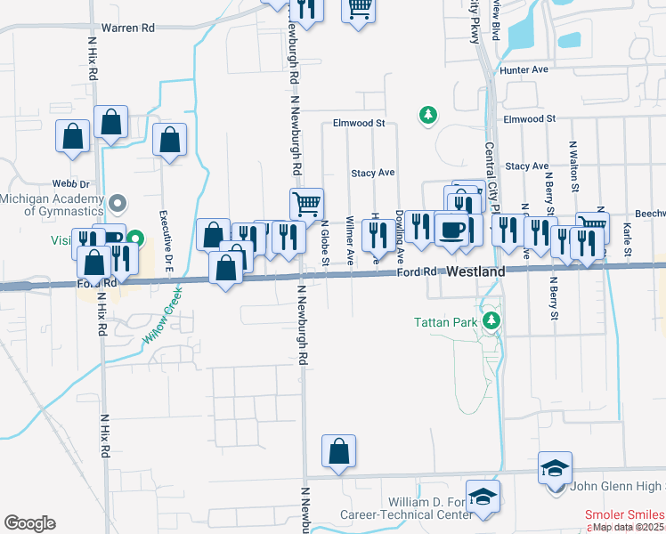 map of restaurants, bars, coffee shops, grocery stores, and more near 37250 Ford Road in Westland