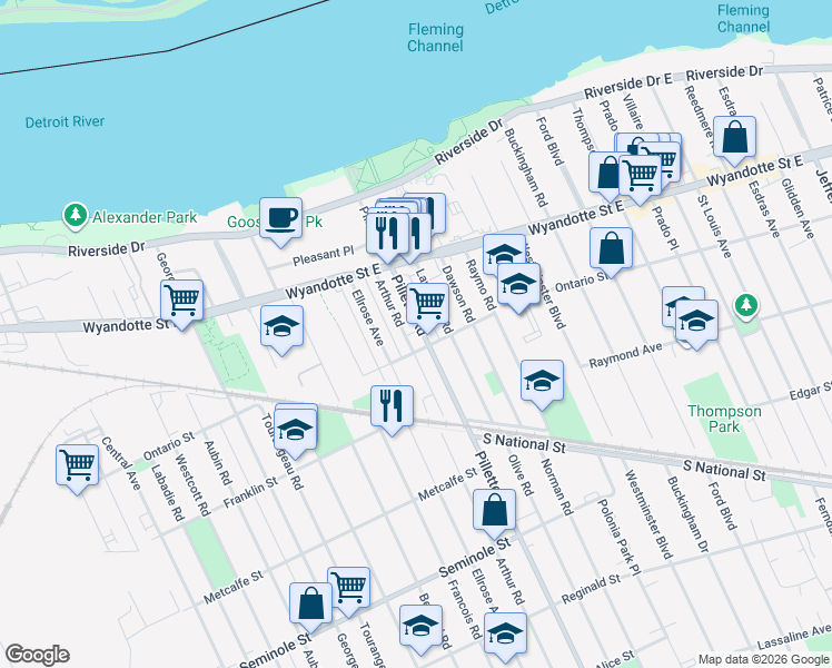 map of restaurants, bars, coffee shops, grocery stores, and more near 908 Pillette Road in Windsor